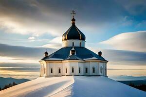 un' Chiesa è coperto nel neve a tramonto. ai-generato foto