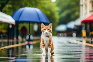un arancia e bianca gatto in piedi nel il pioggia. ai-generato foto