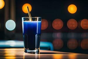 un' blu bevanda seduta su un' tavolo con un' cannuccia. ai-generato foto