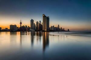 il città orizzonte è riflessa nel il acqua a tramonto. ai-generato foto