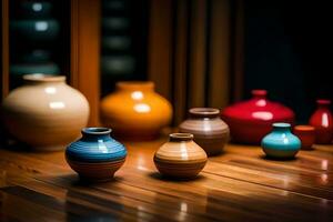 un' gruppo di colorato vasi seduta su un' di legno pavimento. ai-generato foto