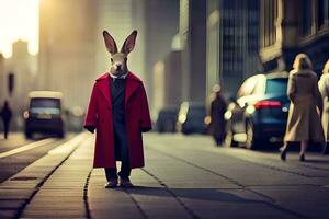 un' coniglio indossare un' rosso cappotto e in piedi su un' città strada. ai-generato foto