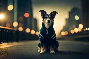 un' cane seduta su il strada nel davanti di città luci. ai-generato foto