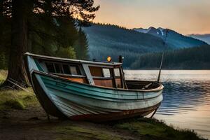 un' barca si siede su il riva di un' lago a tramonto. ai-generato foto