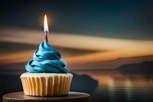 un' Cupcake con un' blu candela su superiore. ai-generato foto