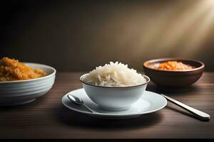 riso e altro cibo su un' tavolo. ai-generato foto
