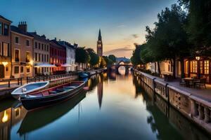 un' barca è attraccato su un' canale nel un' città a tramonto. ai-generato foto