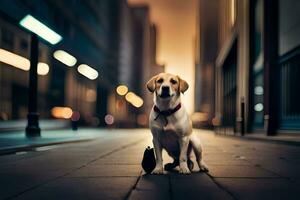 un' cane seduta su il strada a notte. ai-generato foto