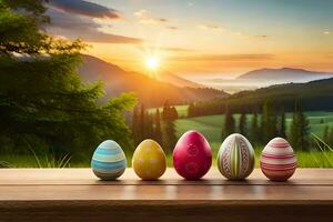 Pasqua uova su un' tavolo nel davanti di un' montagna Visualizza. ai-generato foto