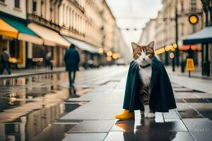 un' gatto indossare un' mantello e in piedi su un' bagnato strada. ai-generato foto