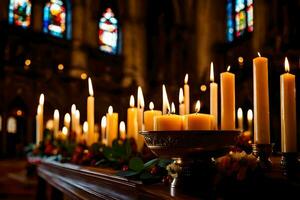 candele siamo illuminato nel un' Chiesa con candele. ai-generato foto