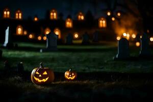 Halloween zucche nel un' cimitero a notte. ai-generato foto