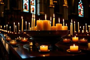 candele siamo illuminato nel un' Chiesa con candele nel il sfondo. ai-generato foto