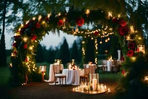 un' nozze ricezione è impostato su nel il parco con candele e fiori. ai-generato foto