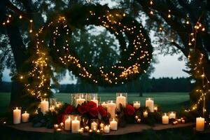 candele e fiori siamo disposte nel un' ghirlanda su un' tavolo. ai-generato foto