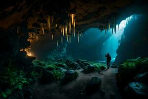 un' uomo sta nel davanti di un' grotta con ghiaccioli sospeso a partire dal il soffitto. ai-generato foto