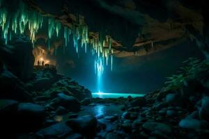 il grotta è illuminato su con blu luci. ai-generato foto
