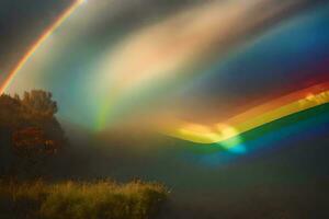 un' arcobaleno è visto nel il cielo con un' nebbioso sfondo. ai-generato foto