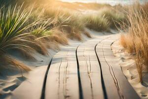 di legno sentiero nel il sabbia dune a tramonto. ai-generato foto