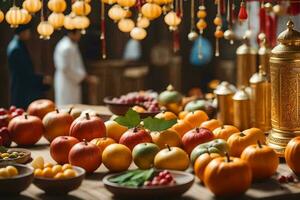 un' tavolo con molti diverso frutta e verdure. ai-generato foto