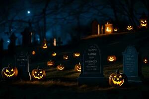 Halloween zucche nel un' cimitero a notte. ai-generato foto