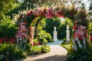 un' nozze arco con rosa e rosso fiori. ai-generato foto