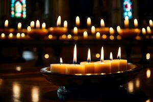 candele nel un' Chiesa con candele illuminato nel il sfondo. ai-generato foto