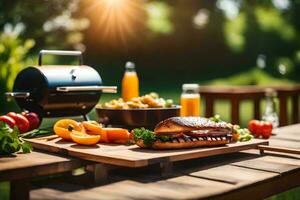 un' barbecue griglia, cibo e bevande su un' tavolo. ai-generato foto