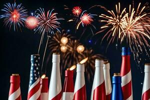 fuochi d'artificio e americano bandiere nel davanti di un' bottiglia. ai-generato foto