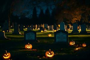 Halloween zucche nel un' cimitero a notte. ai-generato foto