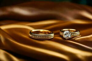 Due nozze anelli su un' oro raso. ai-generato foto