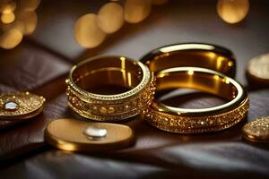 oro nozze anelli su un' pelle sfondo. ai-generato foto