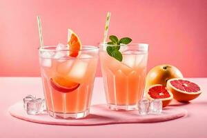 Due bicchieri di rosa pompelmo succo con fette di arancia. ai-generato foto