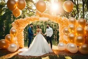 un' sposa e sposo in piedi sotto un' d'oro arco con palloncini. ai-generato foto