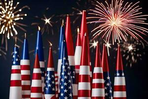 molti americano bandiere siamo illuminato con fuochi d'artificio nel il sfondo. ai-generato foto