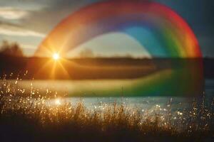 un' arcobaleno è visto nel il cielo al di sopra di un' lago. ai-generato foto