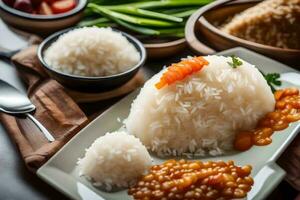un' piatto di riso con verdure e un' cucchiaio. ai-generato foto