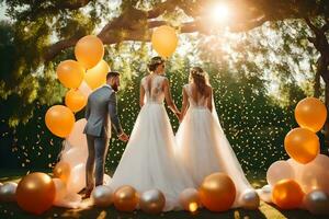 un' sposa e sposo In piedi sotto un' albero con giallo palloncini. ai-generato foto