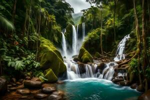 un' bellissimo cascata nel il giungla con verde alberi. ai-generato foto