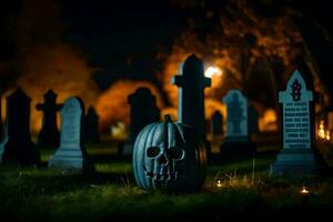 Halloween zucca nel un' cimitero a notte. ai-generato foto