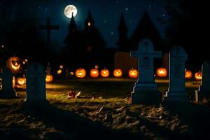 Halloween zucche nel un' cimitero a notte. ai-generato foto