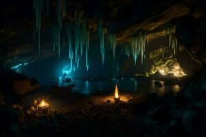 un' grotta con candele e ghiaccio formazioni. ai-generato foto