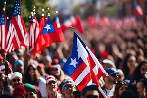 un' folla di persone Tenere americano e puerto ricano bandiere. ai-generato foto