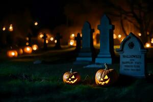 Halloween zucche nel un' cimitero a notte. ai-generato foto