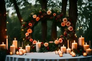 candele e fiori siamo disposte in giro un' tavolo nel il boschi. ai-generato foto