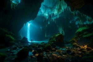 un' grotta con un' cascata e un' uomo in piedi nel il acqua. ai-generato foto