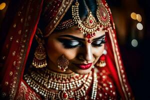 un' bellissimo sposa nel tradizionale indiano nozze abbigliamento. ai-generato foto