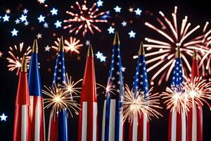 molti americano bandiere siamo illuminato su con fuochi d'artificio. ai-generato foto