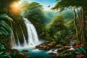 un' pittura di un' cascata nel il giungla. ai-generato foto
