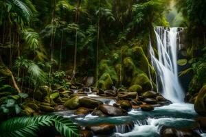 un' cascata nel il giungla circondato di lussureggiante vegetazione. ai-generato foto